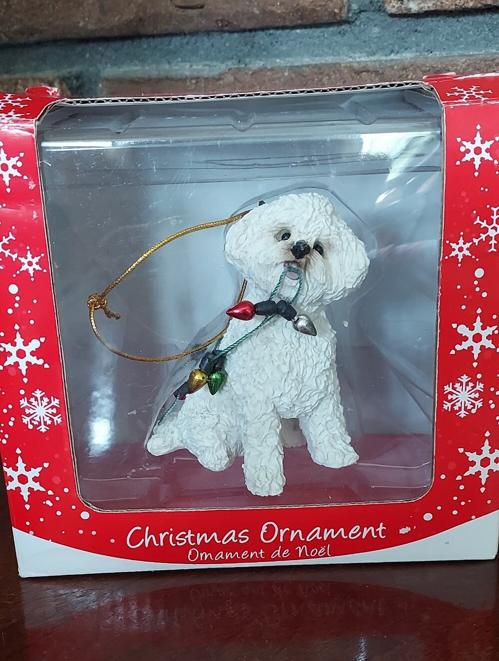 Bichon Frise Dog Christmas Ornament Holding Light String Resin Sandicast Box